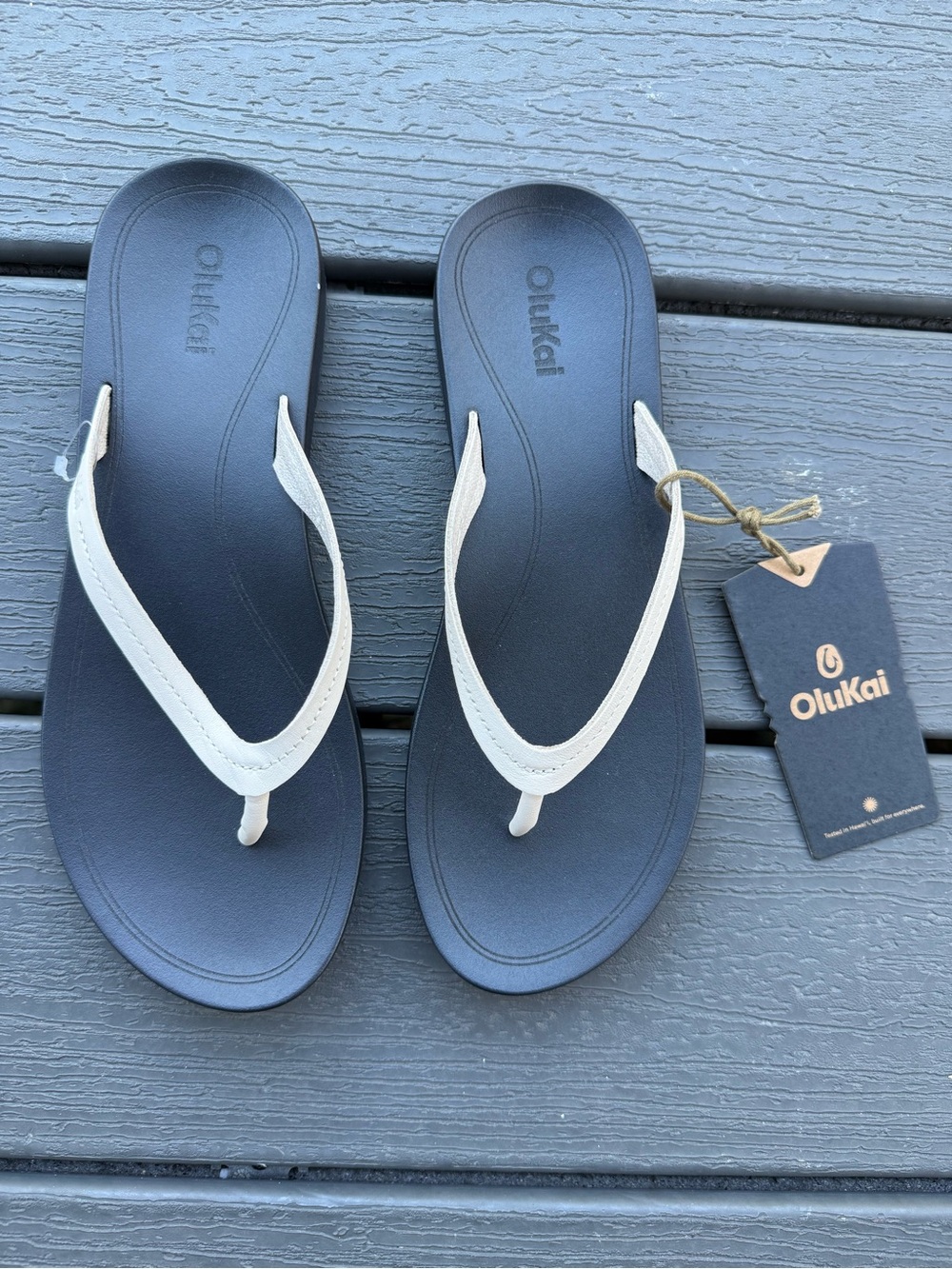 OluKai Black Footbed with Cream Straps Women’s Sandals